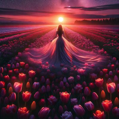 The primary subject of the image is a woman standing in a field of flowers, with a beautiful sunset in the background. The setting is a field of red flowers, and the visual style is a digital art illustration. The colors and mood of the image are warm and serene, with the red flowers and the sunset creating a picturesque and peaceful atmosphere.